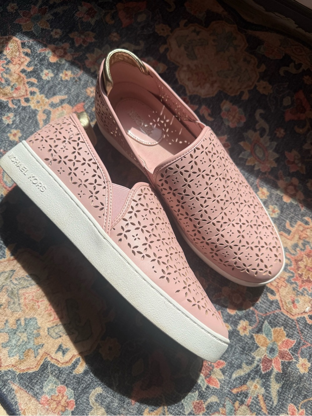 MICHAEL KORS Pink Laser-Cut Slip-On Moccasins with Gold Accent
